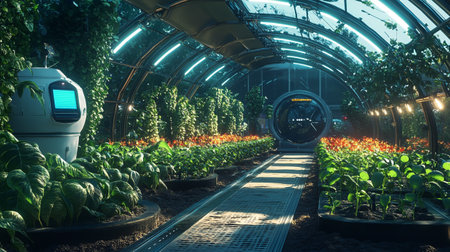 Greenhouse with plants in the garden at night,3d renderの写真素材