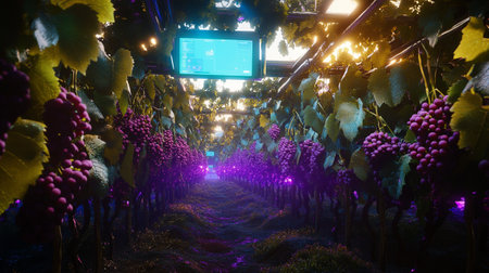 Grapes in the vineyard at night with neon lights.の写真素材