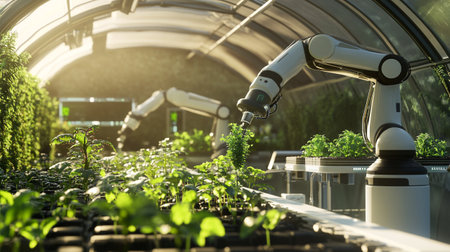 Industrial robot working in greenhouse. Smart farm concept. 3D Renderingの写真素材