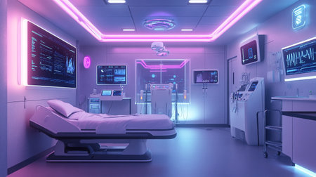 3D CG rendering of Modern medical room with hospital bed and equipmentの素材
