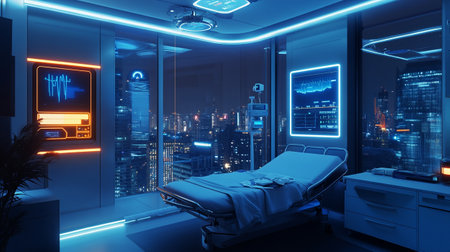 3d rendering of a modern hospital room with medical equipment and bedの写真素材