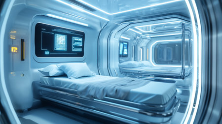 3D rendering of a futuristic interior with a medical bed and blue lightsの写真素材