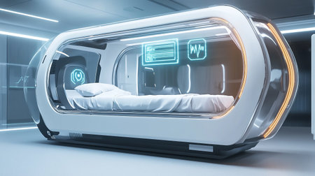3D rendering of a medical bed in a modern room with a scannerの写真素材