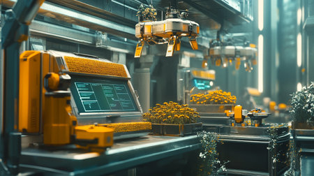 3d rendering of a robot working on a machine in a factoryの写真素材
