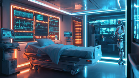 3D rendering of a medical room with a robot in the foregroundの写真素材