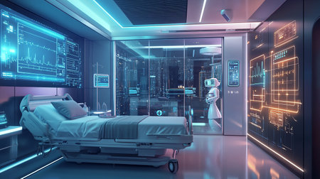 3d rendering hospital room with bed and medical equipment in blue toneの写真素材