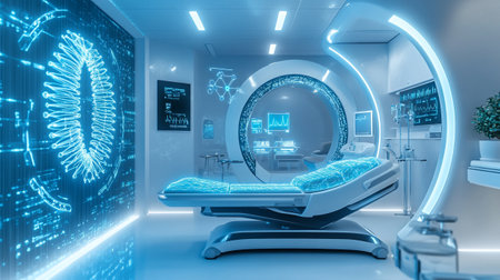 3d rendering x-ray room with medical equipment in blue lightの写真素材