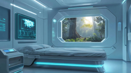 Futuristic spaceship interior with glowing window. 3D Renderingの写真素材