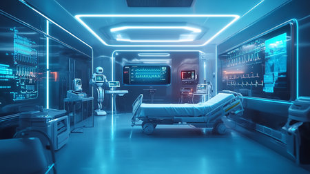 3d rendering of emergency room with medical equipment and patient in hospitalの写真素材