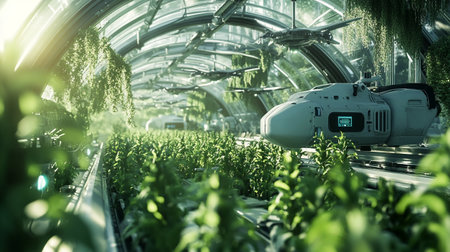 Modern drone flying over green plant in greenhouse. 3D Renderingの写真素材