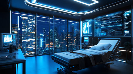 3d rendering hospital room with bed in front of window view of cityの写真素材