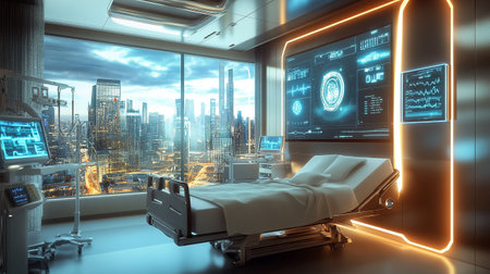 3d rendering of hospital bed in modern room with glowing medical interfaceの写真素材
