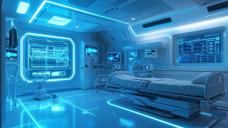 3D rendering of a medical room with a hospital bed in blueの写真素材