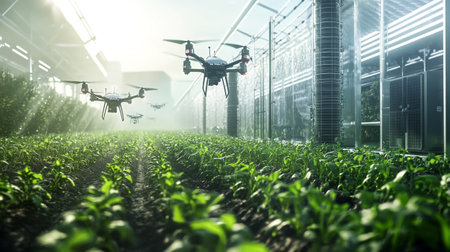 Drone flying in the air with digital camera in a greenhouse.の写真素材