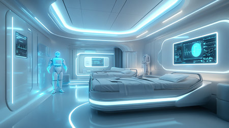 3D rendering of a female robot inside a futuristic room with glowing lightsの写真素材