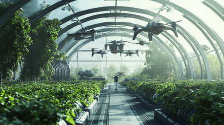 Drone quadcopter with digital camera flying in a greenhouse.の写真素材