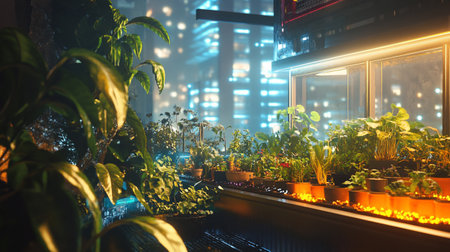 Potted plants in the windowsill at night. Selective focus.の写真素材