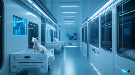 3d rendering of a dog in a hospital corridor in blue lightの写真素材