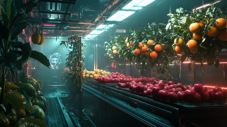 Tangerines on the conveyor belt in the factory. 3d renderingの写真素材
