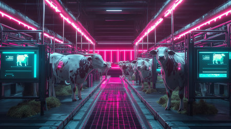 Cows in a dairy farm. 3D rendering. Neon lights.の写真素材