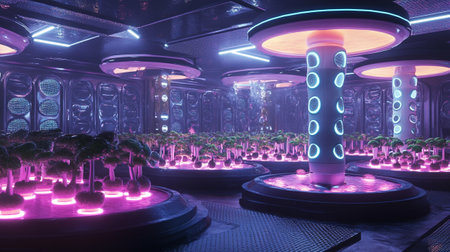 Futuristic sci-fi interior with neon lights. 3d renderingの写真素材