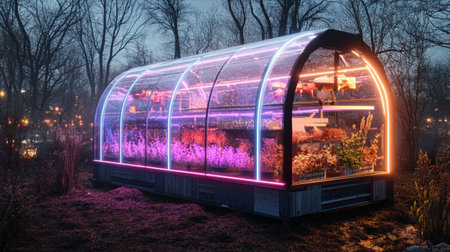 3d rendering of a greenhouse in the forest with neon lights.の写真素材