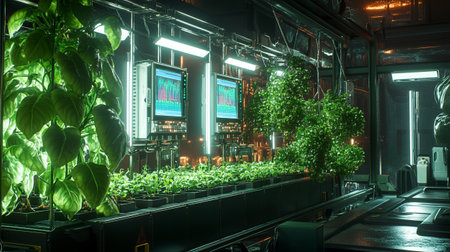 3d rendering of a green plant in a modern setting with neon lightsの写真素材