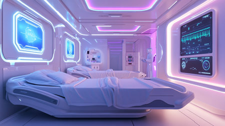 3D CG rendering of space station and science fiction room with robotの写真素材