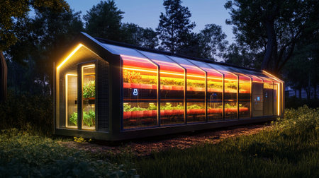 3d render of a hydroponic greenhouse in the park at nightの写真素材