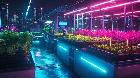 Futuristic night city landscape with neon lights and plants in the foregroundの写真素材