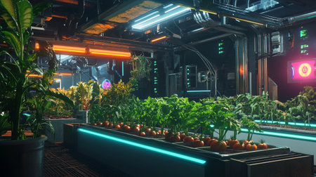 3D rendering of a vegetable garden with neon lightsの写真素材