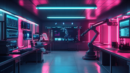 3d rendering of robot arm working in the laboratory. Technology background.の写真素材