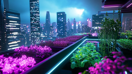 Growing plants in a pot on a background of the night city.の写真素材