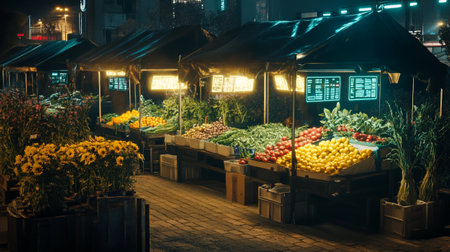 Fruit and vegetable stall at night in Seoul, South Korea.の写真素材