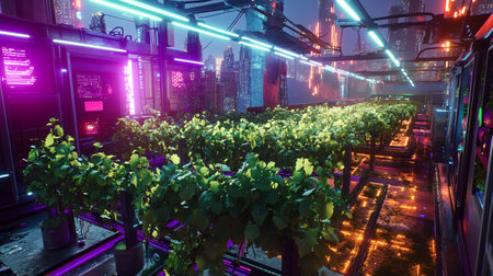 Futuristic night view of a city street in the evening.の写真素材