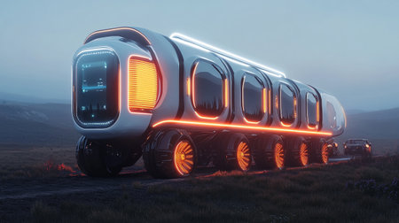 3d rendering of a train on the road with neon lights.の写真素材