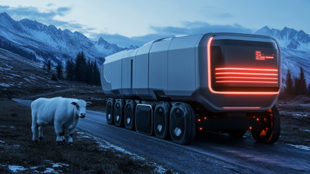 Truck with sheep on the road in mountains. 3d renderingの写真素材