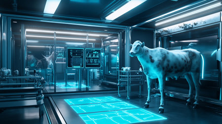 3d rendering of dairy cows in modern medical laboratory with blue lightの写真素材