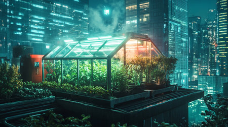 Greenhouse on the roof of the building in the city at nightの写真素材