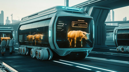 Truck with a cow on the background of the night city.の素材