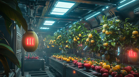 Fruit garden in a greenhouse with orange and pomegranateの写真素材