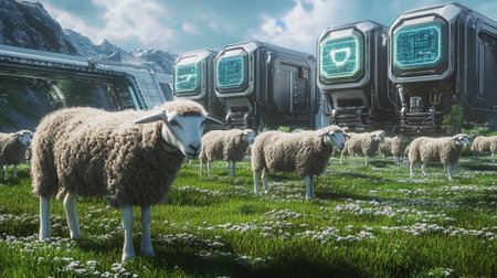Flock of sheep in front of an old TV. 3d renderingの写真素材