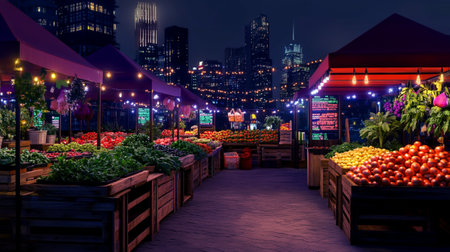 Fruit market at night in Chicago, Illinois, United States.の素材