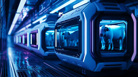 3d rendering of a futuristic train in blue lightの写真素材