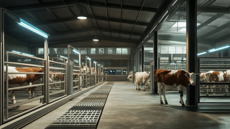 Cows in a modern dairy farm. 3d render illustration.の写真素材