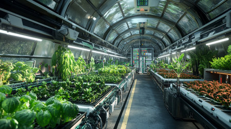 Interior of a modern greenhouse with lots of plants and green plantsの写真素材