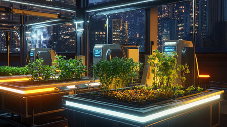 Interior of a coffee shop. Night view of the city.の写真素材