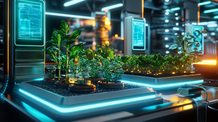 Microgreens on a table in the laboratory. 3d rendering.の写真素材