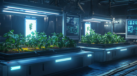 3d render of a science fiction spaceship interior with green plants.の写真素材