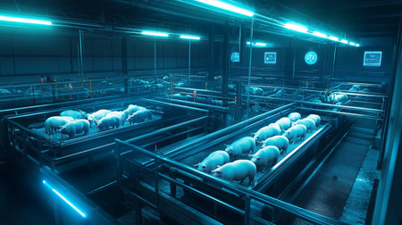 Pig farm in a modern factory. 3d rendering toned imageの写真素材